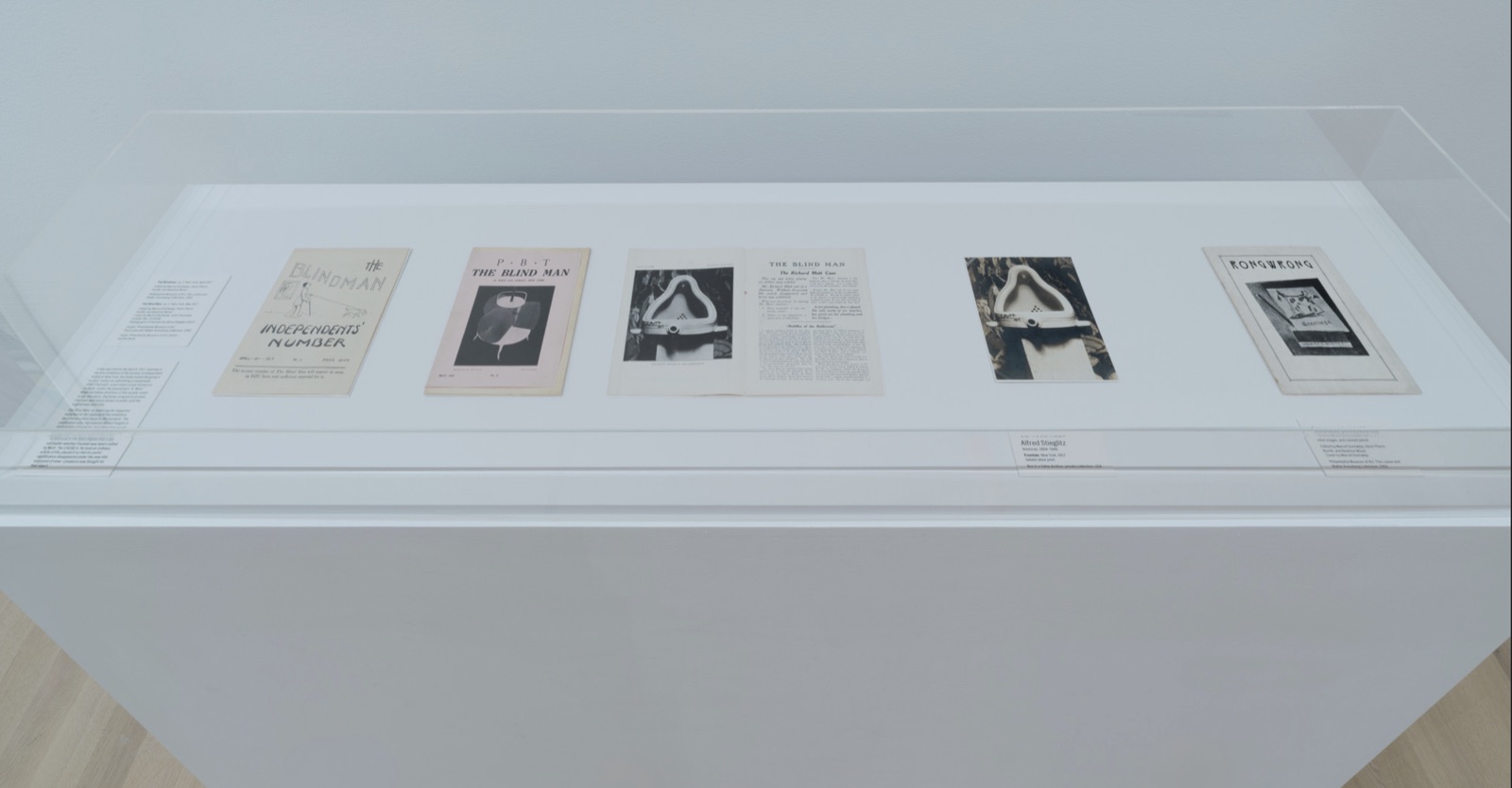 A vitrine holding five printed items, including two issues of The Blind Man opened to the Stieglitz photograph of Fountain and the Richard Mutt case text